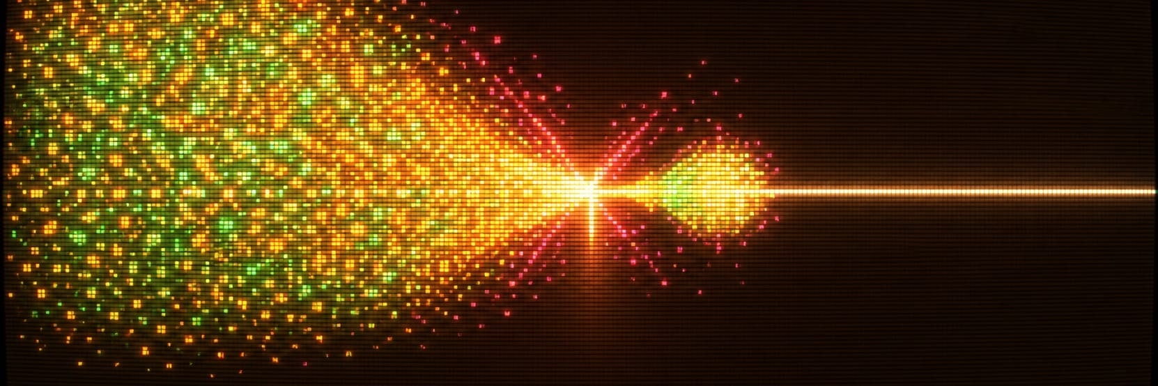 A large field of glowing particles squeezes through a bright bottleneck and emerges as a small dense cluster, with a single bright line continuing past it to the right edge.