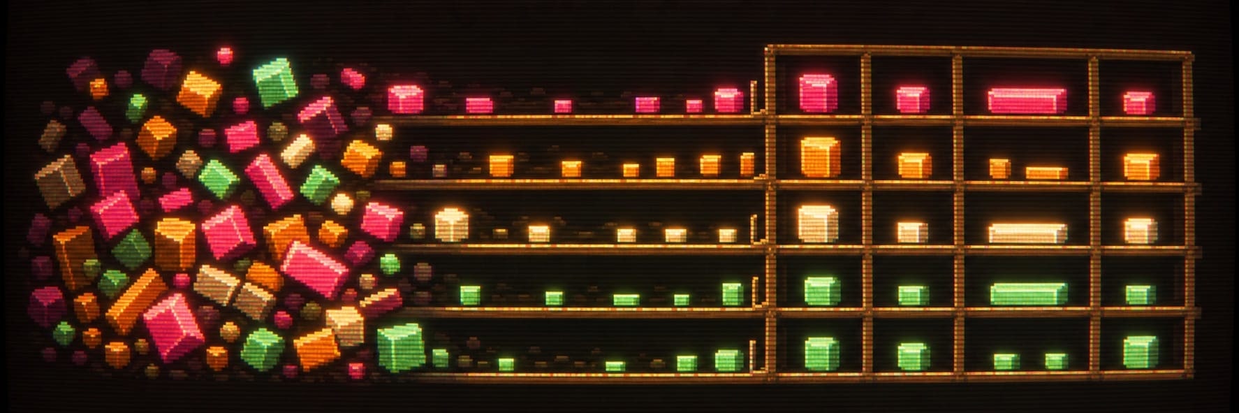 On the left, a chaotic heap of glowing blocks of every size. They stream rightward along sorting rails and end up on the right in a calm grid of evenly lit shelves.